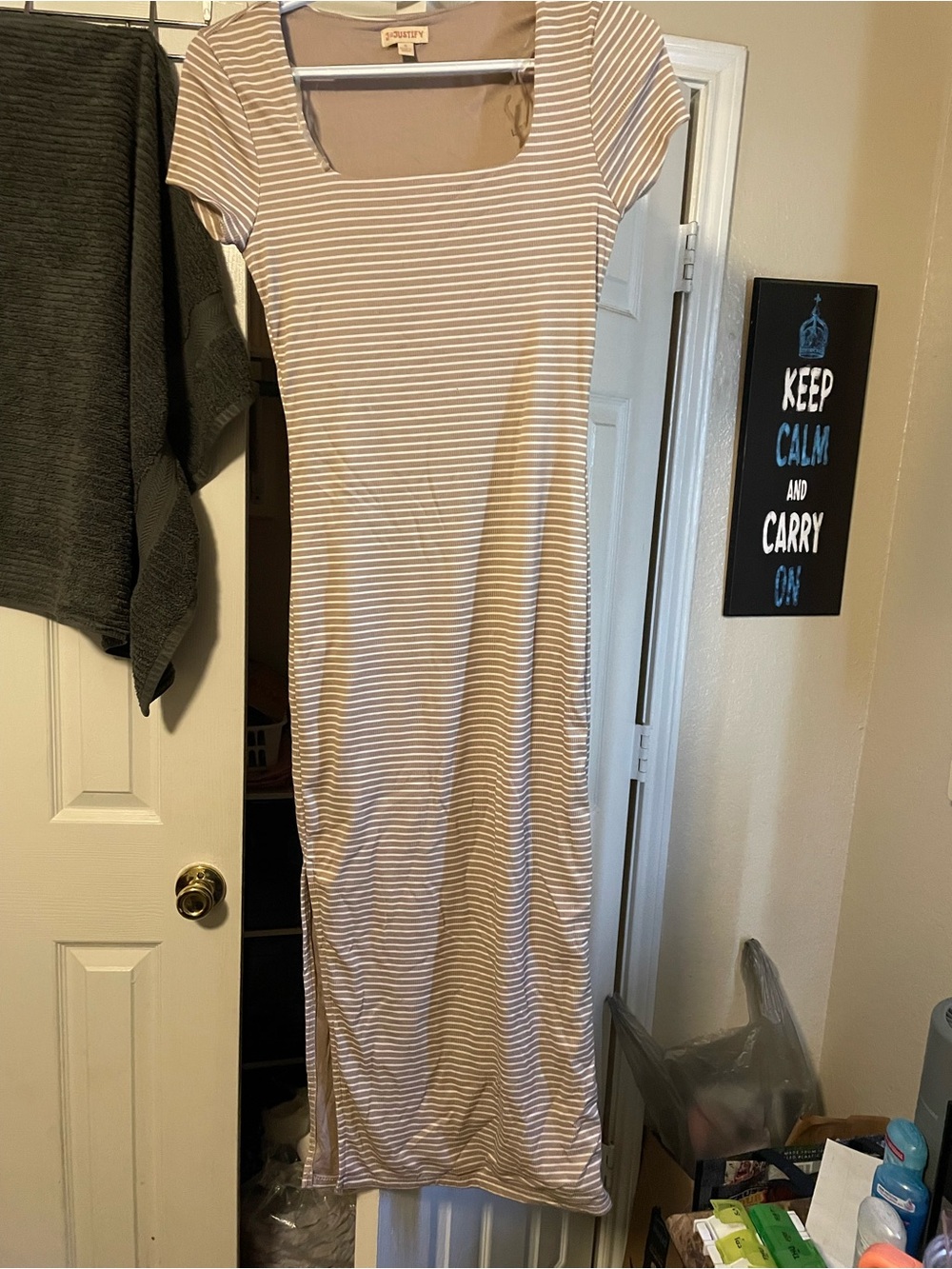 Justify Beige and White Striped Scoop-Neck Maxi Dress